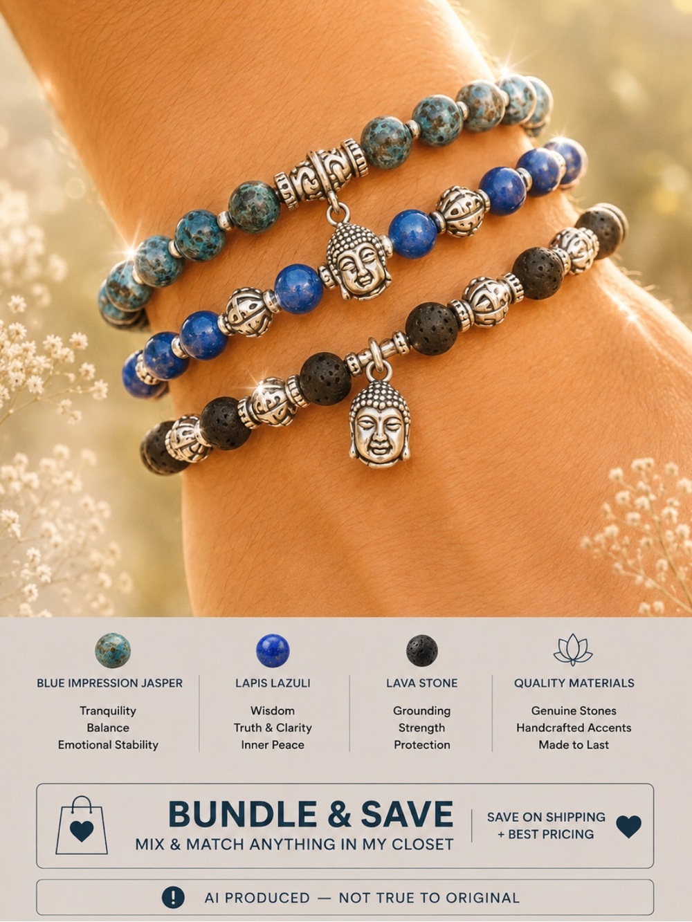 Lapis Lazuli & Quartz, Genuine Stone Stretch UNISEX Bracelet Set, mixed media